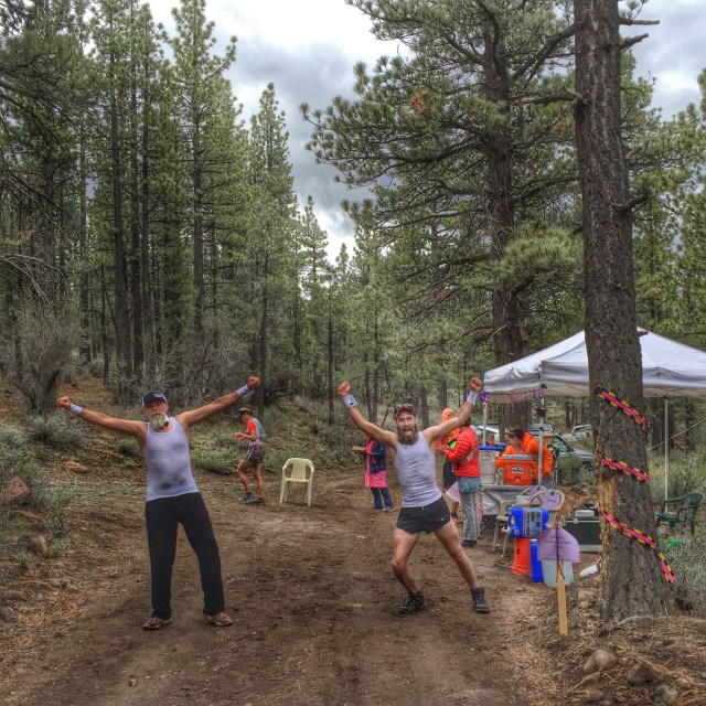 Hairy Bearded male dancers greeting the runners at the mile 24 aid station