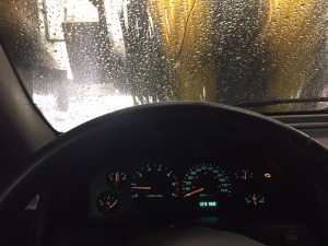 the view from inside a broken car wash